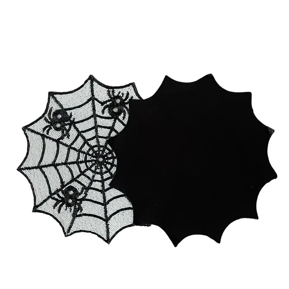 2pc Rachel Zoe Halloween Spider Web Beaded Placemat Charger 15in Black & White